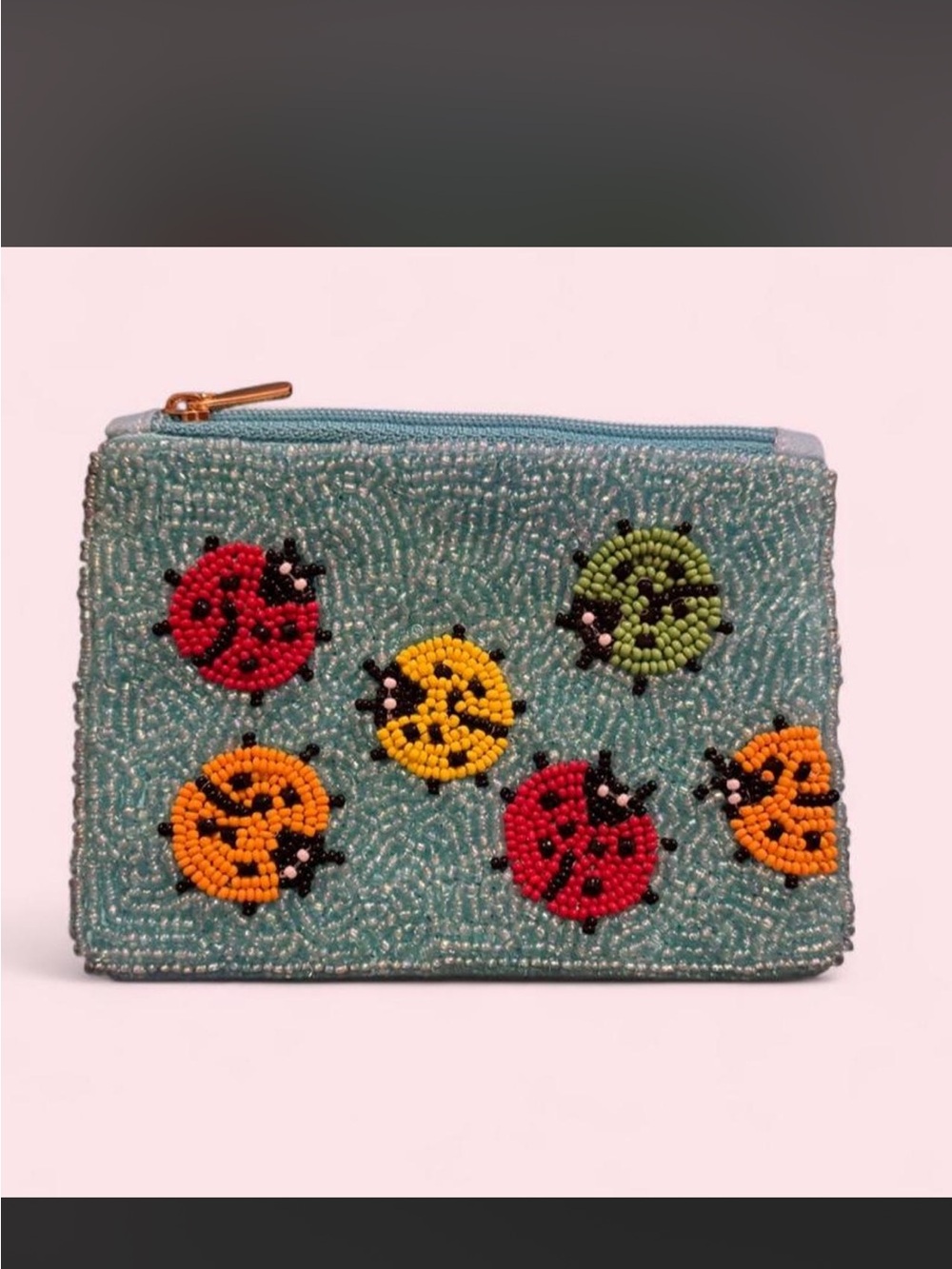 Beaded Ladybug Zip Pouch - Blue
